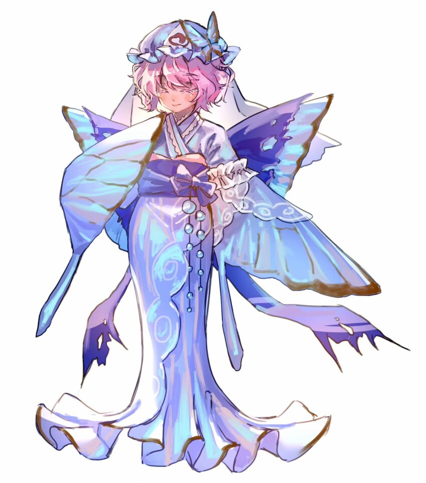 1girl beads belt blue_belt blue_bow blue_butterfly blue_hat blue_kimono blush bow bug butterfly butterfly_hat_ornament butterfly_wings closed_eyes closed_mouth frills full_body hair_between_eyes hand_up hat hat_ornament highres insect insect_wings japanese_clothes kimono long_sleeves mob_cap pink_hair saigyouji_yuyuko short_hair shouxishao_jiuyuan simple_background solo standing touhou triangular_headpiece white_background wide_sleeves wings