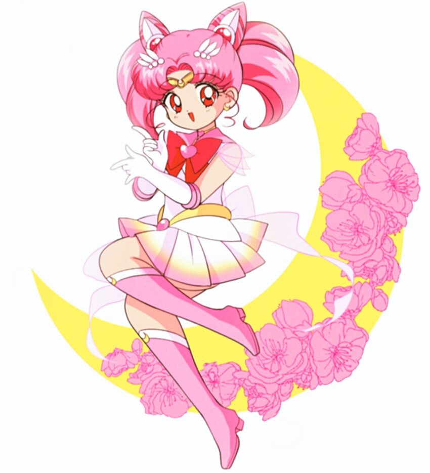 1990s_(style) 1girl \m/ back_bow bad_id bad_twitter_id bishoujo_senshi_sailor_moon boots bow bowtie brooch chibi_usa choker circlet commentary cone_hair_bun crescent crescent_earrings crescent_moon dot_nose double_bun earrings english_commentary eyelashes faux_retro_artstyle flower full_body gradient_sky hair_bun hair_ornament happy heart heart_brooch heart_choker high_heel_boots high_heels highres honeymoonpetal jewelry knee_boots leg_up leotard light_blush magical_girl miniskirt moon official_style open_mouth parted_bangs pink_boots pink_bow pink_brooch pink_choker pink_flower pink_hair pink_skirt pink_sleeves pleated_skirt pointing red_bow red_bowtie red_eyes retro_artstyle ringlets sailor_chibi_moon see-through_clothes see-through_sleeves short_hair short_sleeves short_twintails skirt sky smile solo super_sailor_chibi_moon tareme twintails white_background white_leotard white_skirt
