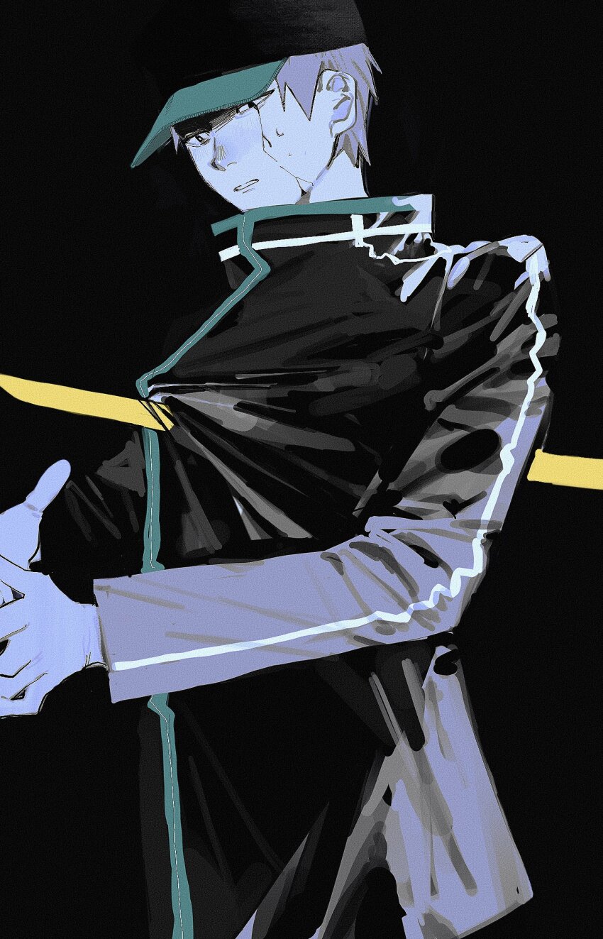 1boy arafune_squad&#039;s_uniform arafune_tetsuji backstab baseball_cap black_background black_jacket cracked_skin grey_hair hat highres jacket kogetubattosite long_sleeves male_focus short_hair simple_background solo stab sweat sword upper_body weapon world_trigger