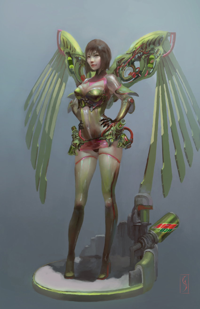 1girl boots bottle brown_hair can christian_angel drink_can grey_background hands_on_own_hips highres mechanical_wings mountain_dew short_hair soda_bottle soda_can solo standing thigh_boots wings