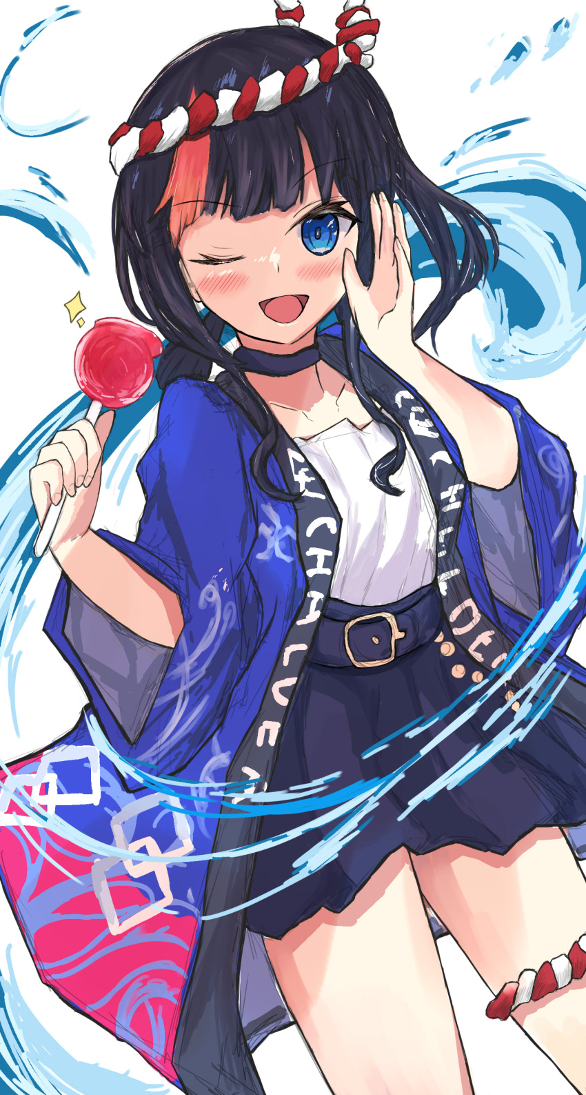 1girl absurdres black_hair blue_eyes blue_kimono blush braid breasts candy_apple choker collarbone fate/grand_order fate_(series) food hachimaki headband highres japanese_clothes kimono large_breasts looking_at_viewer low_twintails medium_breasts mitsuzuki_(ksvy3542) multicolored_hair nejiri_hachimaki one_eye_closed open_mouth pink_hair shirt short_kimono short_sleeves short_twintails sidelocks skirt smile solo streaked_hair thighs twin_braids twintails utsumi_erice utsumi_erice_(fgo_fes._2023) water