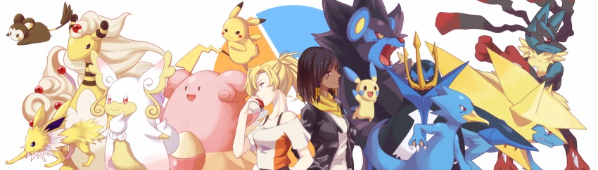 2girls ampharos audino bad_id bad_pixiv_id bandana bare_shoulders black_hair black_jacket blissey blonde_hair blue_eyes braid brown_eyes crop_top crossover dark-skinned_female dark_skin dress_shirt earrings emolga empoleon eye_of_horus facial_mark facial_tattoo gen_1_pokemon gen_2_pokemon gen_3_pokemon gen_4_pokemon gen_5_pokemon golduck hair_tubes hand_up highres jacket jewelry jolteon long_sleeves lucario luxray manectric mega_ampharos mega_audino mega_lucario mega_manectric mega_pokemon mercy_(overwatch) minun multiple_girls nintendo nyasa overwatch overwatch_1 pharah_(overwatch) pikachu poke_ball pokemon pokemon_(creature) ponytail shirt short_hair short_sleeves side_braids sidelocks smile tattoo upper_body white_shirt