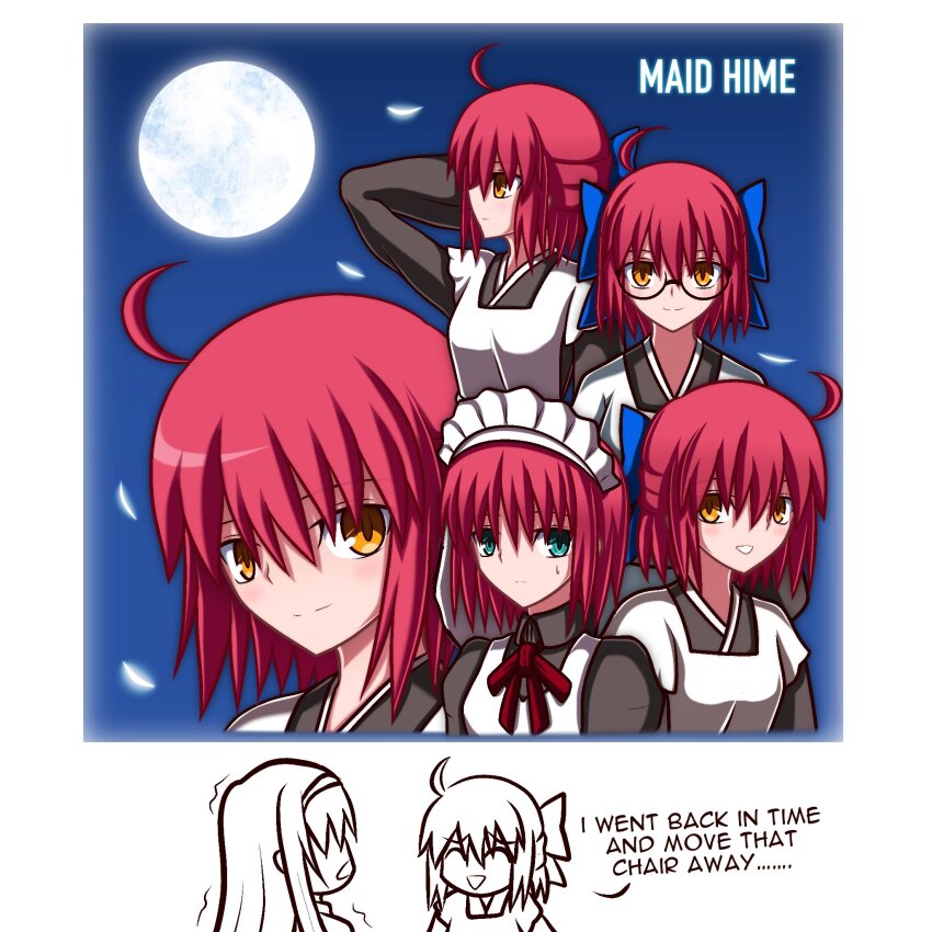 3girls apron blue_bow blue_eyes bow derivative_work english_text full_moon glasses hair_bow highres hisui_(tsukihime) kohaku_(tsukihime) long_sleeves looking_at_viewer maid maid_apron maid_headdress moon multiple_girls night night_sky parody puffy_sleeves red_hair ribbon short_hair siblings sisters sky smile time_travel title_parody tohno_akiha tsukihime tsukihime_(remake) twins video_game_cover_redraw white_apron yellow_eyes zeon132