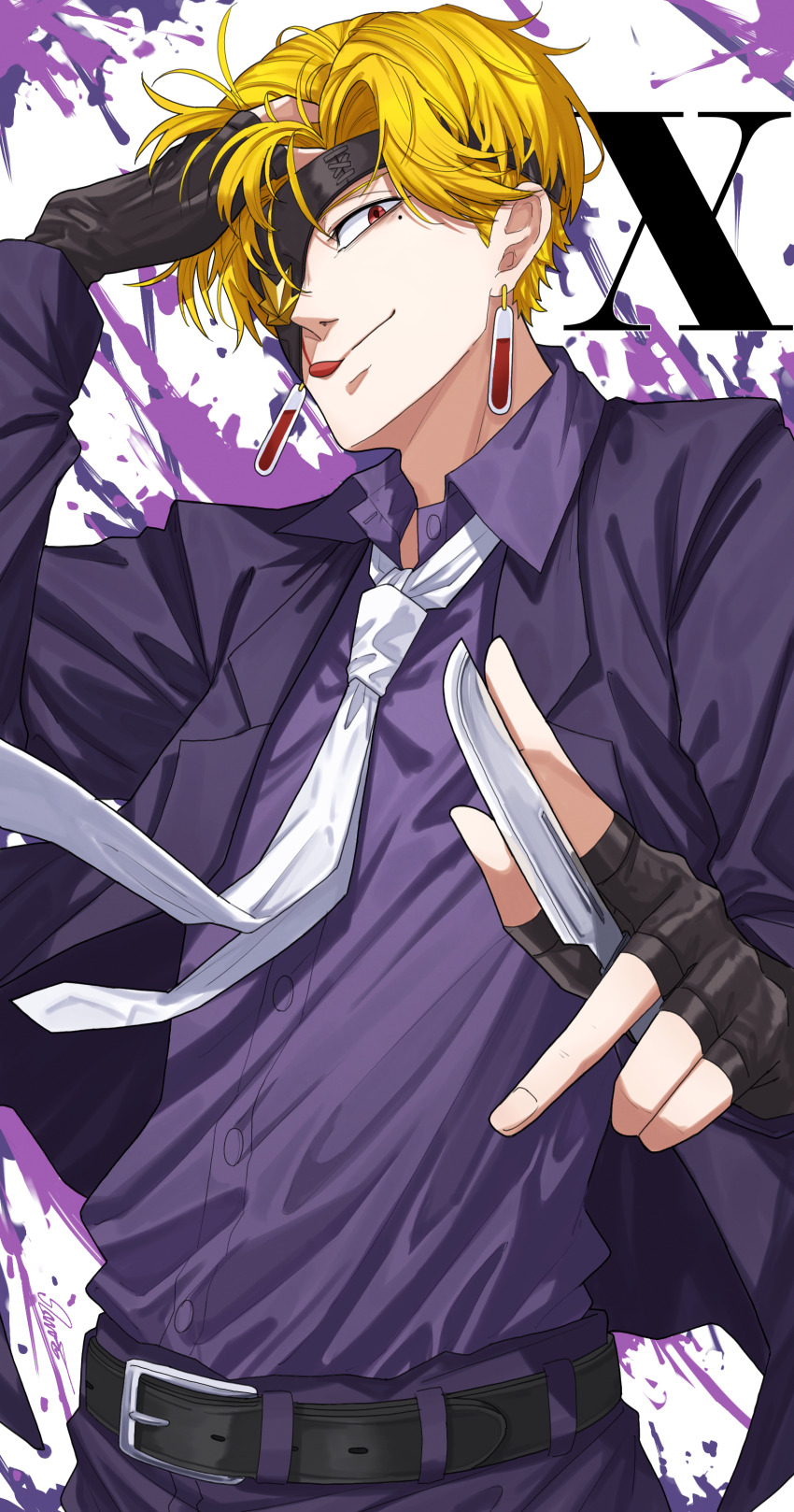 1boy absurdres belt black_gloves black_jacket black_shirt blonde_hair earrings eyepatch fingerless_gloves gloves hand_up highres holding holding_knife jacket jewelry knife mole mole_under_eye red_eyes rip_(undead_unluck) shirt shishiruto tongue tongue_out undead_unluck