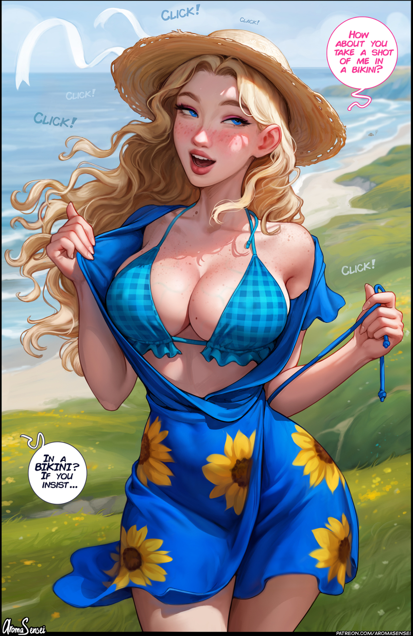 1girl absurdres aroma_sensei artist_name beach bikini bikini_under_clothes black_border blonde_hair blue_dress blue_eyes blue_panties blush border breasts cleavage clothes_pull collarbone covered_navel cowboy_shot curvy dress dress_pull english_text floating_hair floral_print freckles frilled_bikini frills grass haley_(stardew_valley) halterneck hat highres large_breasts long_hair looking_to_the_side mole mole_on_breast nose open_clothes open_dress open_mouth outdoors panties pantyshot parted_hair patreon_username plaid_bikini plaid_clothes short_dress sky smile solo sound_effects speech_bubble stardew_valley straw_hat swimsuit underwear undressing v-neck wide_hips wind wind_lift