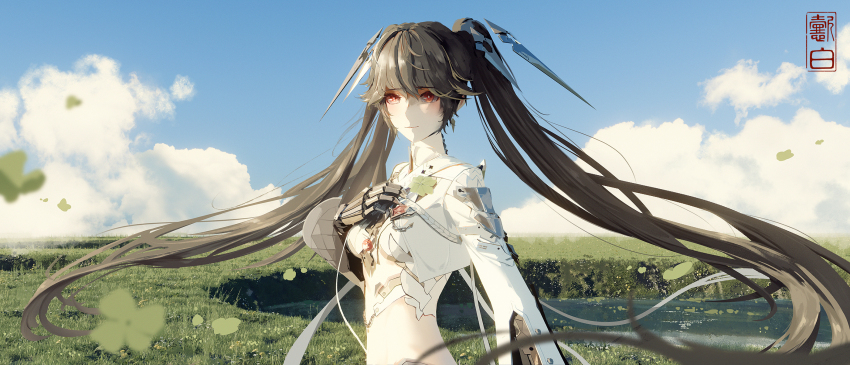 1girl artist_logo blue_sky breasts brown_hair chinese_commentary cloud clover commentary crop_top earrings floating_headgear four-leaf_clover hand_on_own_chest headgear highres holding holding_clover jewelry logo long_hair looking_at_viewer looking_back lucia:_pyroath_(pgr) lucia_(pgr) meadow mechanical_hands midriff navel outdoors pond punishing:_gray_raven red_eyes shirt sky small_breasts smile solo twintails upper_body very_long_hair white_shirt yibai