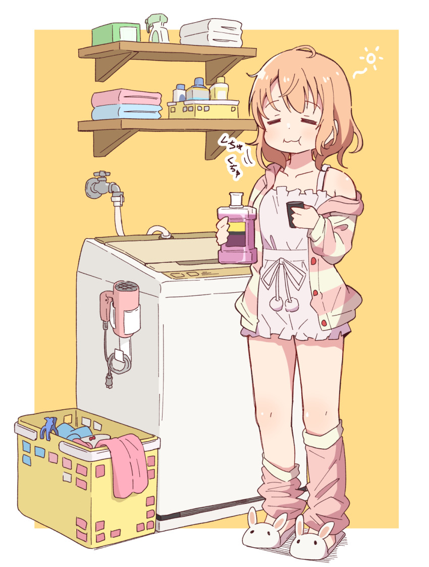 1girl animal_slippers basket border bottle breasts bunny_slippers buttons closed_mouth clothes_pin collarbone commentary_request facing_viewer faucet full_body gochuumon_wa_usagi_desu_ka? hair_dryer highres holding holding_bottle hoto_cocoa jacket laundry_basket leg_warmers loungewear messy_hair mohei motion_lines mouthwash multicolored_jacket open_clothes open_jacket orange_hair pink_jacket pink_leg_warmers pink_shirt pink_shorts pom_pom_(clothes) shelf shirt short_hair shorts simple_background single_bare_shoulder slippers small_breasts solo spray_bottle standing striped_clothes striped_jacket sun_symbol top-load_washing_machine towel two-tone_jacket washing_machine wavy_mouth white_border white_slippers yellow_background yellow_jacket
