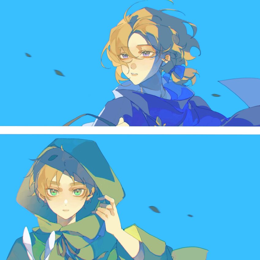 2boys axis_powers_hetalia blonde_hair blue_background blue_eyes bow cloak cyuer11 floating_hair france_(hetalia) hair_bow hand_up highres hood hooded_cloak low_ponytail male_focus multiple_boys ponytail purple_eyes short_hair simple_background split_screen thick_eyebrows united_kingdom_(hetalia) upper_body wind
