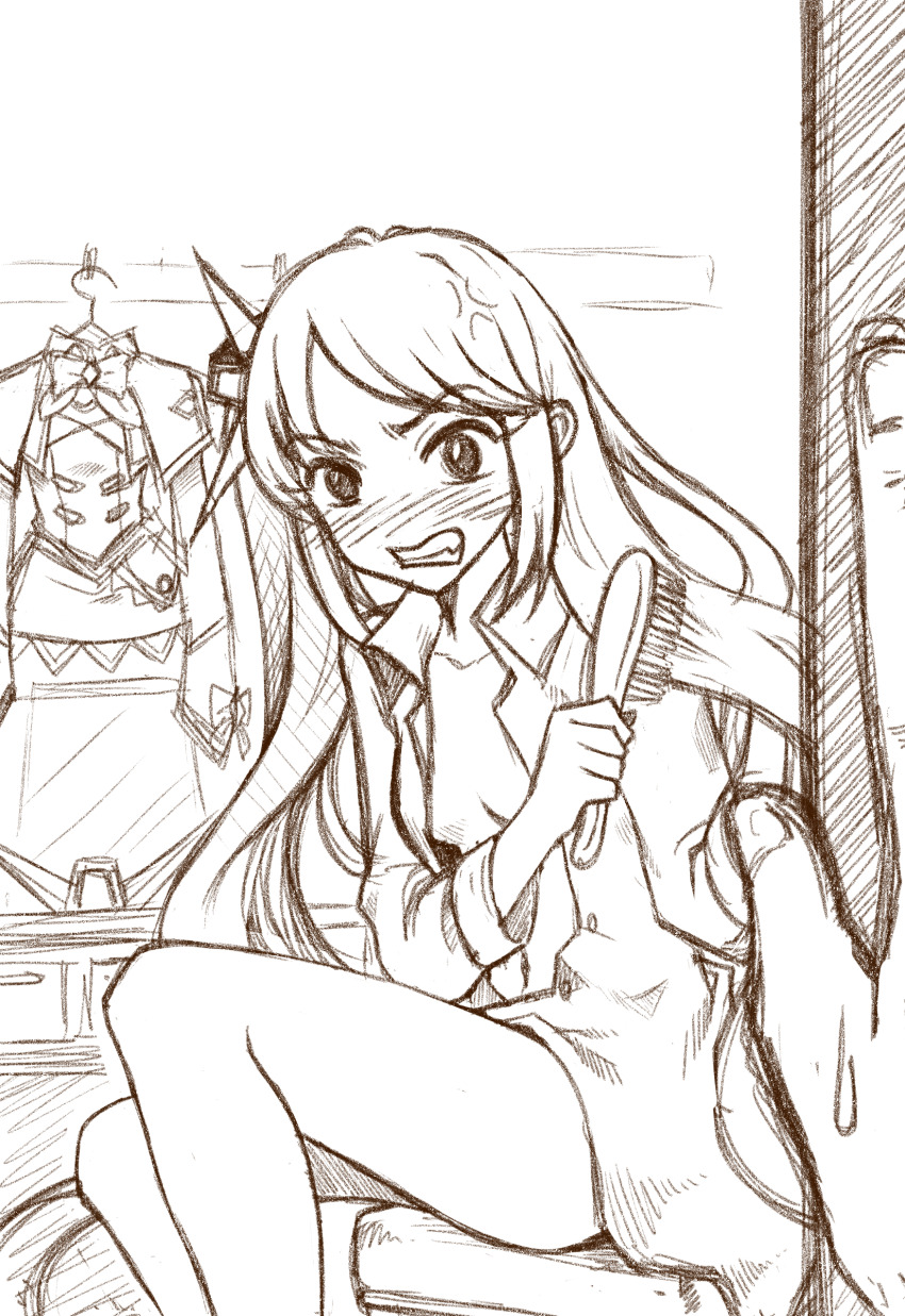 1girl absurdres anger_vein angry banghwadongjopidi blush bow breasts clenched_teeth clothes_hanger collarbone commentary embarrassed emily_(master_of_eternity) glaring hair_brush hair_down hair_ornament highres holding holding_hair_brush indoors korean_commentary long_hair looking_at_viewer master_of_eternity monochrome naked_shirt navel nose_blush open_clothes open_shirt pov pov_hands shirt sitting sketch small_breasts small_sweatdrop solo_focus swept_bangs teeth unbuttoned unbuttoned_shirt unfinished unworn_clothes walk-in