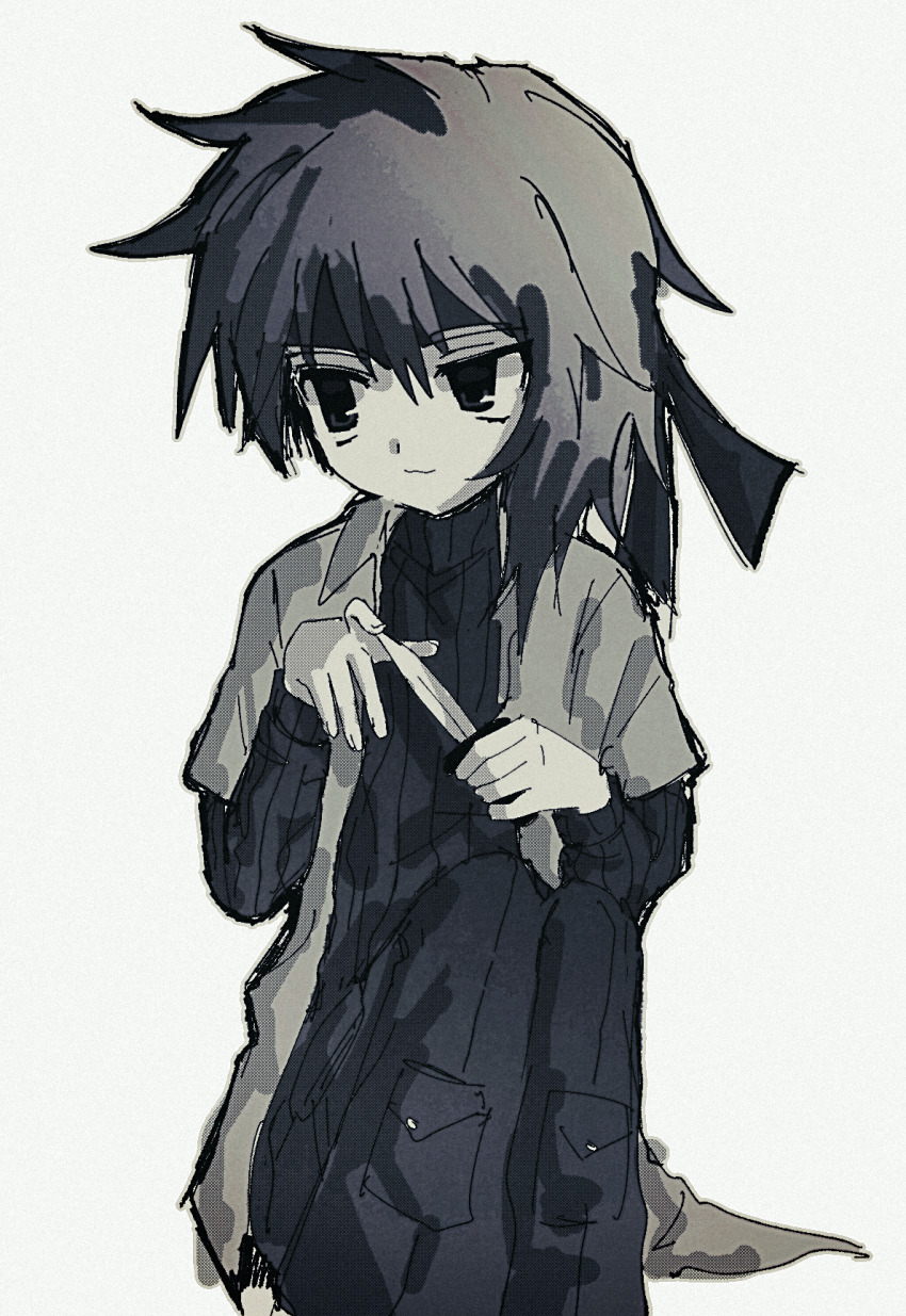 1other :3 asymmetrical_hair atoymk black_eyes black_headband black_pants black_sweater cargo_pants closed_mouth coat grey_coat grey_hair headband highres holding holding_knife knife kurohebi layered_sleeves len&#039;en long_sleeves open_clothes open_coat other_focus pants short_over_long_sleeves short_sleeves simple_background sitting sketch solo sweater turtleneck turtleneck_sweater white_background