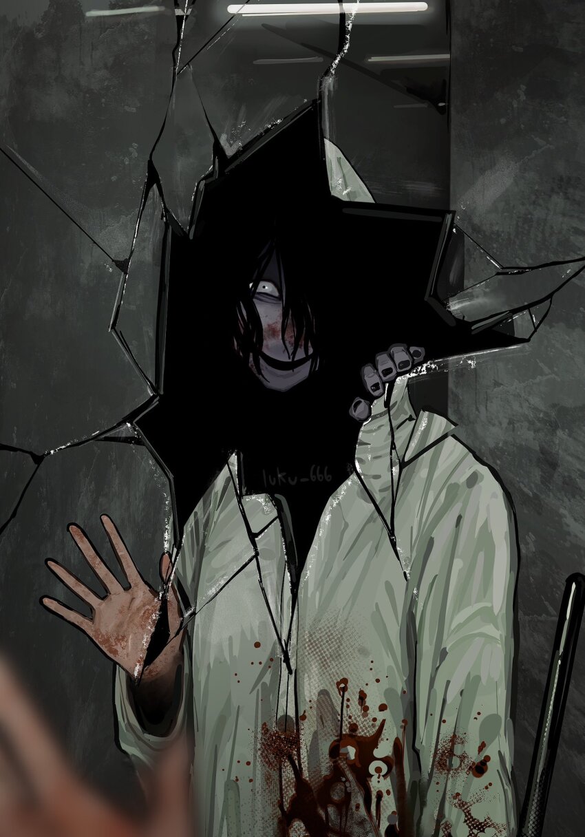 1boy 1girl black_eyes black_hair black_nails blood blood_on_clothes crack cracked_glass crowbar hair_over_one_eye heroine_(homicipher) highres holding holding_crowbar homicipher looking_at_mirror looking_at_viewer luku_666 mirror mr._gap reflection