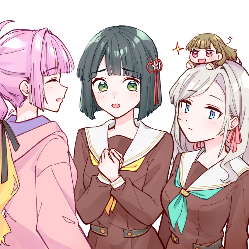 4girls :d ^_^ ahoge anyoji_hime aqua_neckerchief black_hair blue_eyes blunt_sidelocks blush bob_cut braid breasts brown_dress center-flap_bangs ceras_yanagida_lilienfeld closed_eyes closed_mouth commentary dress expressionless flower flower_knot green_eyes grey_hair hair_flower hair_intakes hair_ornament hair_ribbon hashtag-only_commentary hasu_no_sora_school_uniform highres hood hooded_jacket jacket jitome kachimachi_kosuzu large_breasts link!_like!_love_live! lone_nape_hair long_hair long_sleeves love_live! lying medium_breasts mini_person minigirl momose_ginko multi-tied_hair multiple_girls neckerchief on_head on_stomach open_mouth orange_eyes person_on_head pink_hair pink_jacket pink_ribbon pleated_dress ponytail ribbon sailor_collar sailor_dress school_uniform short_hair side_ahoge side_braids sidelocks simple_background single_hair_intake smile sparkle swept_bangs upper_body v-shaped_eyebrows virtual_youtuber w_arms white_background white_flower white_sailor_collar wide-eyed winter_uniform yellow_neckerchief zangemiya