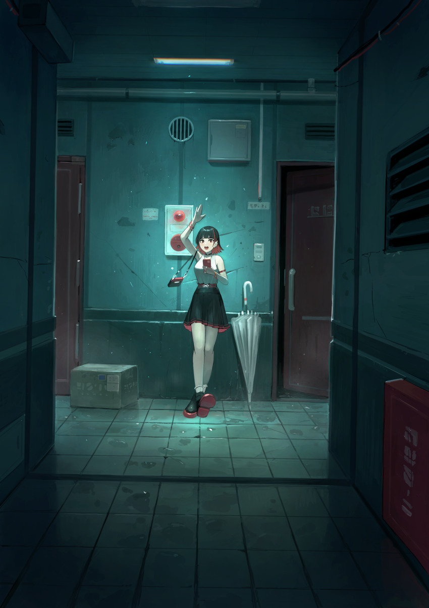 1girl absurdres arm_up black_choker black_hair bracelet breasts choker colored_inner_hair ear_piercing eguchi_tumoru highres indoors jewelry looking_at_viewer medium_breasts multicolored_hair open_door open_mouth original piercing pleated_skirt red_eyes red_hair shirt short_hair skirt sleeveless sleeveless_shirt solo two-tone_hair two-tone_skirt