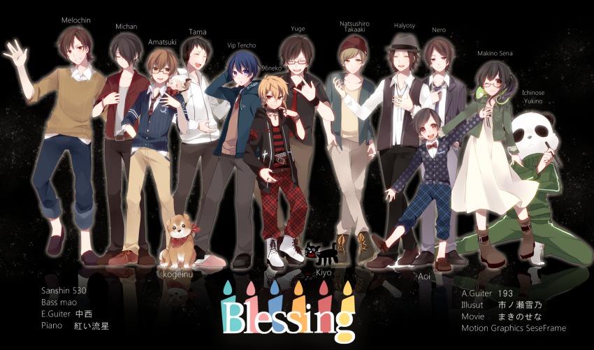 2girls 6+boys 96neko amatsuki_(utaite) aoi_(niconico) bad_id bad_pixiv_id halyosy highres ichinose_yukino indie_utaite kogeinu makino_sena multiple_boys multiple_girls nero_(niconico) niconico scarf shiba_inu utaite vip_tencho yuge_(niconico)