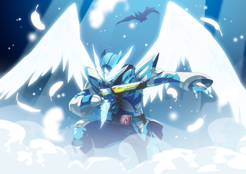 1boy angel_wings armor black_background blue_armor bodysuit commentary_request compound_eyes rider_belt feathered_wings glowing glowing_wings grey_bodysuit gun handgun highres holy_live kamen_rider kamen_rider_live kamen_rider_revice landing livegun male_focus otokamu rider_belt symbolism tokusatsu two_sidriver upper_body weapon white_eyes wing_genome wings