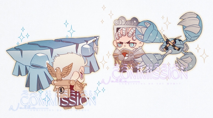 2boys alternate_color armor avalugg bald black_sclera blue_eyes bright_pupils cape chibi chinese_commentary colored_sclera commentary_request commission full_armor gen_3_pokemon gen_6_pokemon gold_armor grey_armor hazard_stripes highres holding holding_poke_ball imperial_fists iron_warriors looking_at_another magicalduck21 mechabare mega_metagross mega_pokemon metagross multiple_boys nintendo ornate_armor pauldrons perturabo poke_ball pokemon pokemon_(creature) power_armor primarch purple_eyes red_cape red_eyes rogal_dorn shiny_pokemon short_hair shoulder_armor sparkle standing the_auric_armor the_logos_(warhammer) thick_eyebrows warhammer_40k white_hair white_pupils yellow_eyes