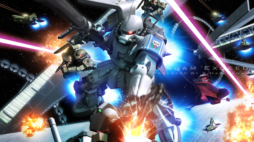 3d army battle bazooka_(gundam) chivvay-class_heavy_cruiser commentary_request duel energy_beam english_text explosion firing fleet gm_(mobile_suit) gun gundam gundam_msv heat_hawk highres machine_gun machinery mecha mecha_focus mobile_suit mobile_suit_gundam musai no_humans o&#039;neill_cylinder one-eyed cougar radio_antenna realistic robot roundel s.hasegawa science_fiction shield signature solar_panel space_habitat spacecraft weapon when_you_see_it window zaku zaku_ii zeon