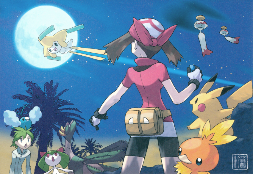 1boy 1girl :d :o absurdres banana bandana brown_hair chimecho closed_mouth collared_shirt floating food from_behind fruit full_moon gen_1_pokemon gen_3_pokemon gloves green_eyes green_hair highres holding jirachi kirlia legendary_pokemon looking_up may_(pokemon) medium_hair moon mythical_pokemon night night_sky nintendo official_art on_head open_mouth pikachu pink_eyes pokeblock pokemon pokemon_(creature) pokemon_on_head pokemon_rse red_bandana red_shirt shirt short_hair shorts sky smile star_(sky) sugimori_ken swablu third-party_source torchic tree tropius wally_(pokemon) white_gloves yellow_bag