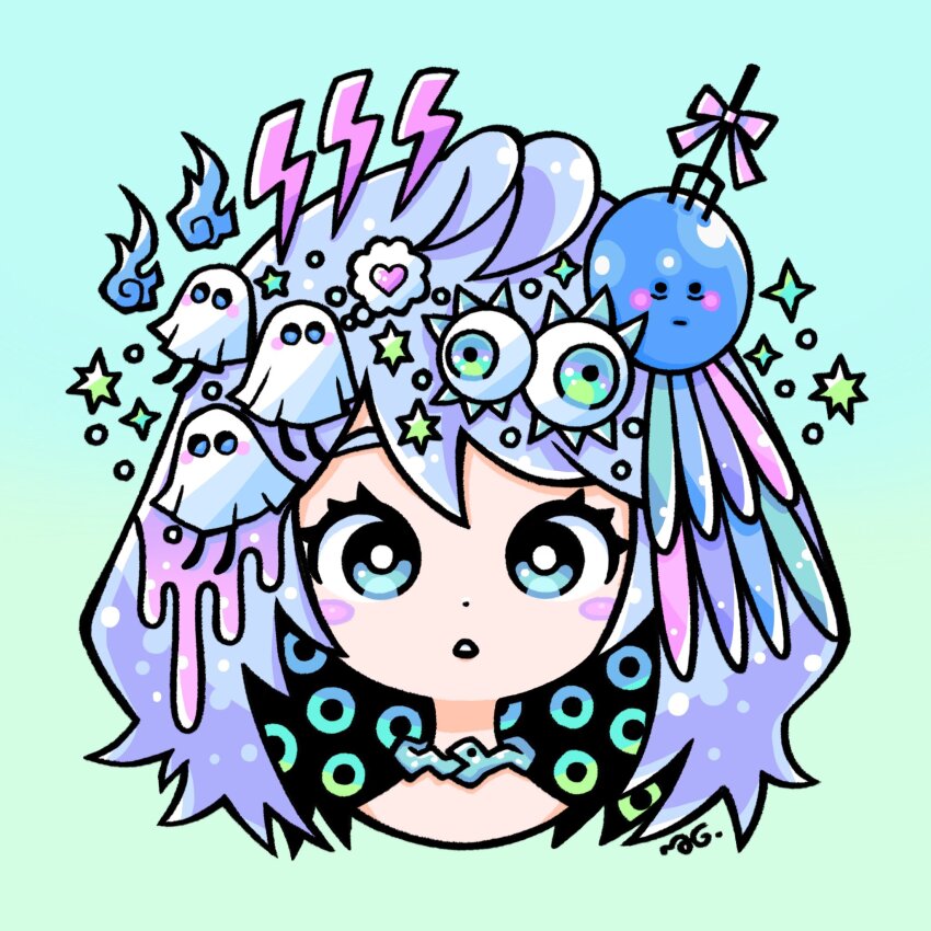 1girl aqua_background black_hair blue_eyes blue_fire blue_hair circle_print colored_inner_hair dripping eyeball eyeball_hair_ornament fire fork garouma ghost gradient_background green_background green_eyes green_hair hair_ornament heart highres lightning_bolt_symbol looking_at_viewer medium_hair multicolored_hair open_mouth original ouroboros pastel_colors patterned_hair pink_liquid portrait purple_hair sheet_ghost snake_choker solo sparkle speech_bubble star_(symbol) star_hair_ornament thought_bubble whorled_flames