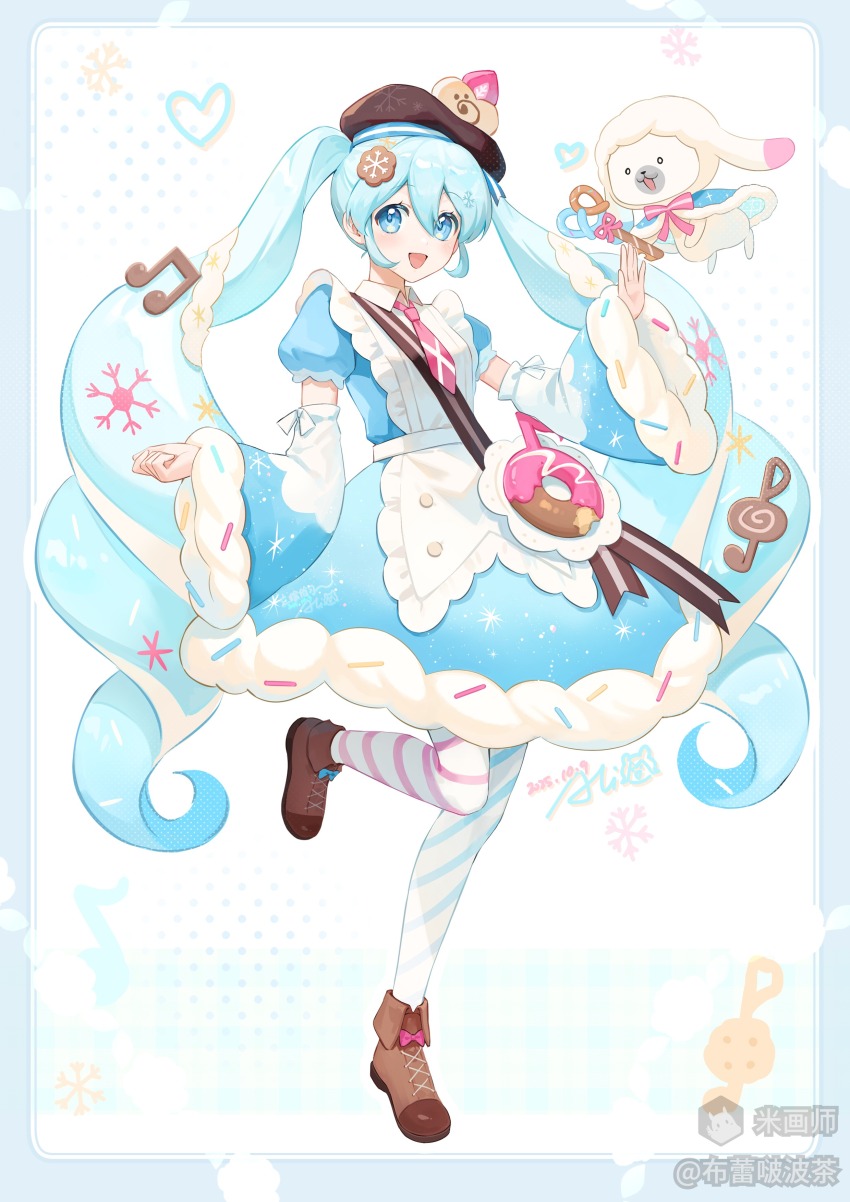 1girl :d absurdres apron asymmetrical_legwear blue_border blue_dress blue_eyes blue_hair blue_pantyhose blue_sleeves blush border brown_hat brown_shoes buleibobocha chinese_commentary commentary_request cookie_hair_ornament detached_sleeves donut double-parted_bangs dress food food-themed_hair_ornament frilled_apron frills full_body hair_between_eyes hair_ornament hat hatsune_miku highres long_hair long_sleeves looking_at_viewer mihuashi_username mismatched_legwear necktie open_mouth pantyhose pink_necktie pink_pantyhose rabbit_yukine shoes short_sleeves smile standing standing_on_one_leg striped_clothes striped_pantyhose twintails very_long_hair vocaloid white_apron white_background wide_sleeves yuki_miku yuki_miku_(2026)