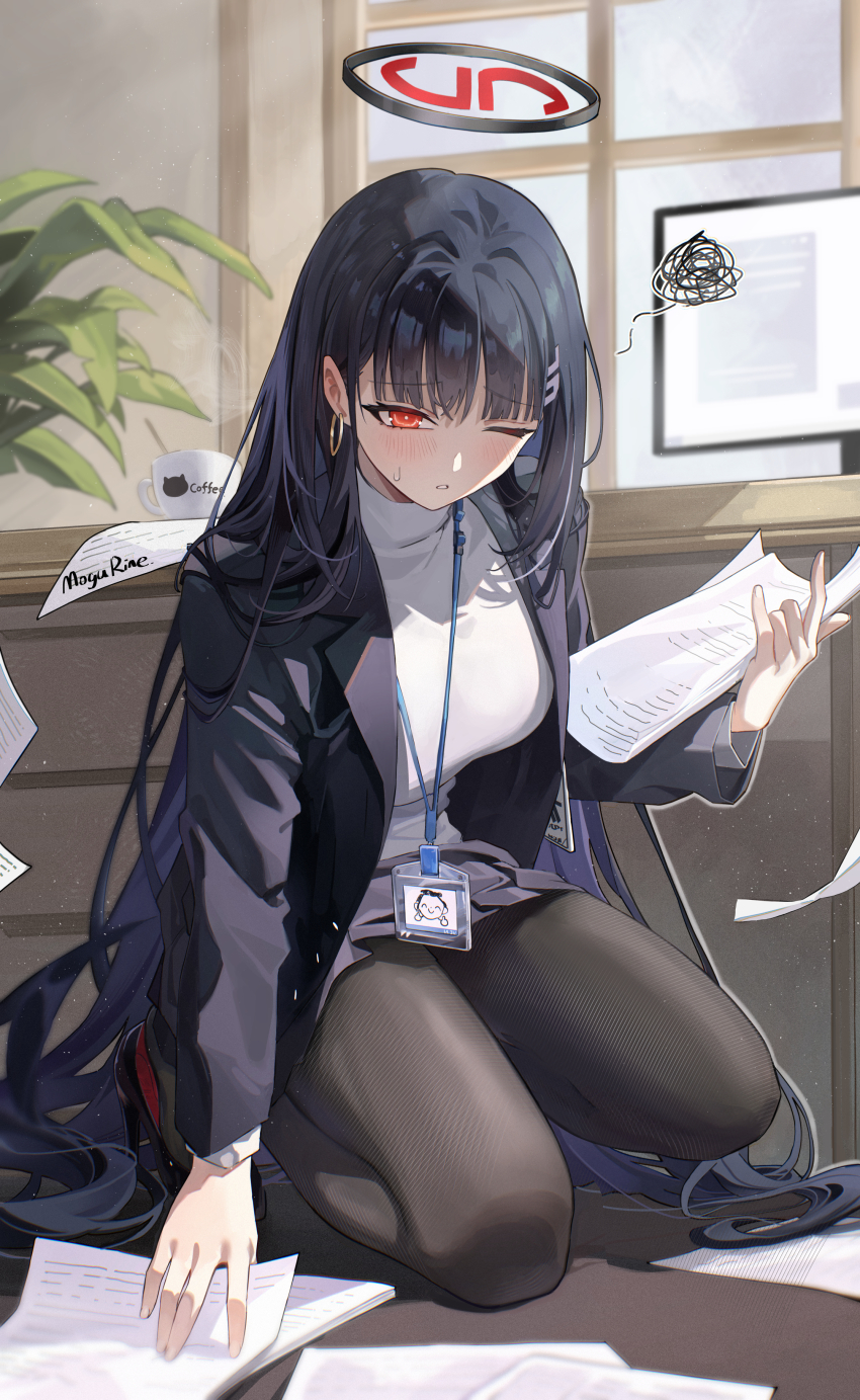 1girl absurdres black_hair black_halo black_jacket black_pantyhose black_skirt blue_archive blunt_bangs blush breasts bright_pupils coffee_mug cup doodle_sensei_(blue_archive) earrings fine_fabric_emphasis hair_ornament hairclip halo high_heels highres holding holding_paper hoop_earrings jacket jewelry large_breasts long_hair looking_at_viewer mogurine monitor mug multicolored_halo name_tag open_clothes open_jacket pantyhose paper parted_lips red_eyes red_halo rio_(blue_archive) sensei_(blue_archive) skirt solo squatting sweater turtleneck turtleneck_sweater two-tone_halo very_long_hair white_pupils white_sweater