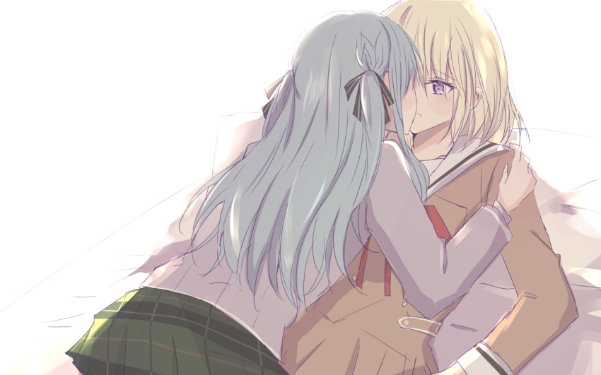 2girls bang_dream! bang_dream!_it&#039;s_mygo!!!!! blonde_hair blue_hair blush brown_dress commentary dress green_ribbon green_skirt grey_jacket hair_ribbon hanasakigawa_school_uniform haneoka_school_uniform jacket long_sleeves medium_hair misumi_uika multiple_girls on_bed open_mouth plaid_clothes plaid_skirt pleated_skirt purple_eyes ribbon sailor_collar sailor_dress school_uniform skirt togawa_sakiko two_side_up white_sailor_collar xuan yuri