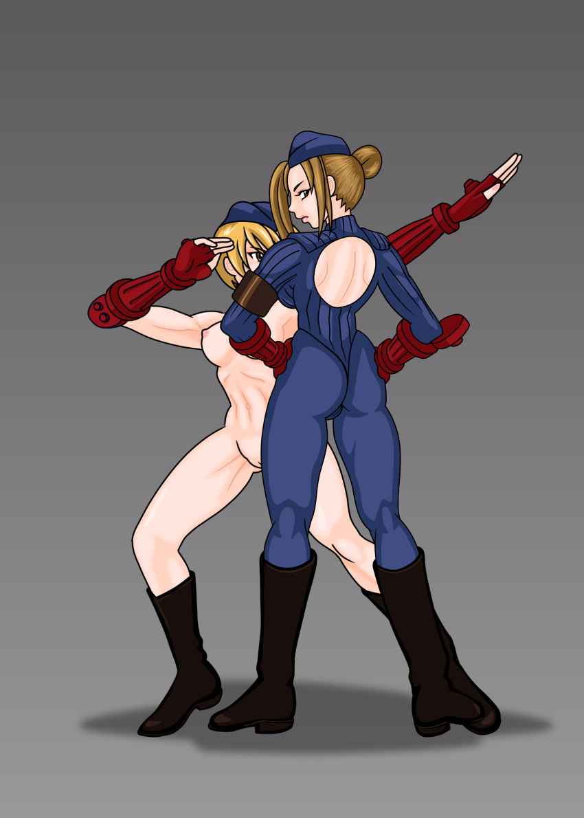 2girls absurdres ass blonde_hair boots bow bowtie breasts brown_hair clothed_female_nude_female gloves hands_on_own_hips hat highres juli_(street_fighter) juni_(street_fighter) leotard multiple_girls nude pantyhose potan pussy salute