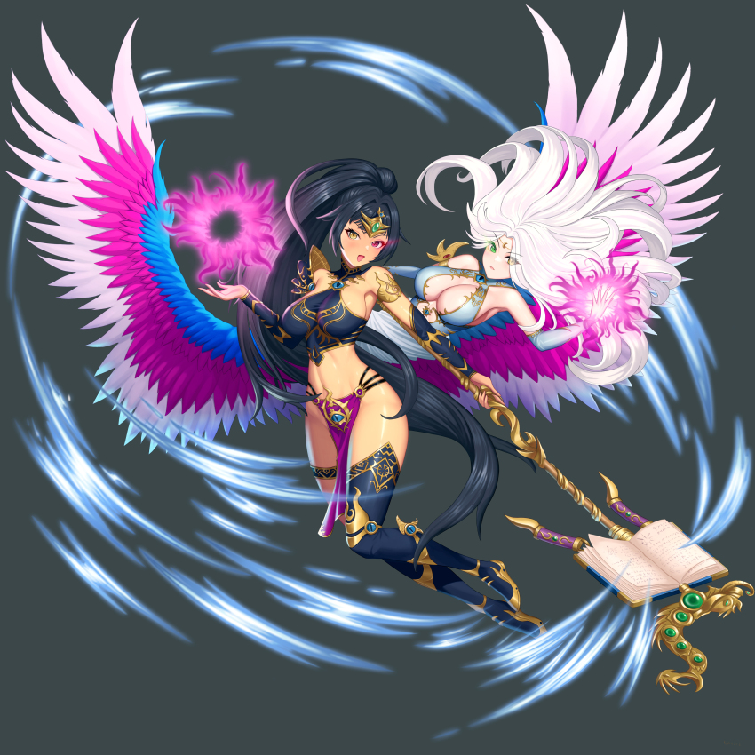 2girls absurdres bare_shoulders black_hair blue_thighhighs book breasts commentary_request crop_top green_eyes grey_background heterochromia highres holding holding_staff kairos_fateweaver large_breasts loincloth midriff multiple_girls navel personification ponytail purple_eyes rakuri_(rwrn5475) simple_background sleeveless staff stomach thighhighs thighs total_war total_war:_warhammer_3 warhammer_40k white_hair wings