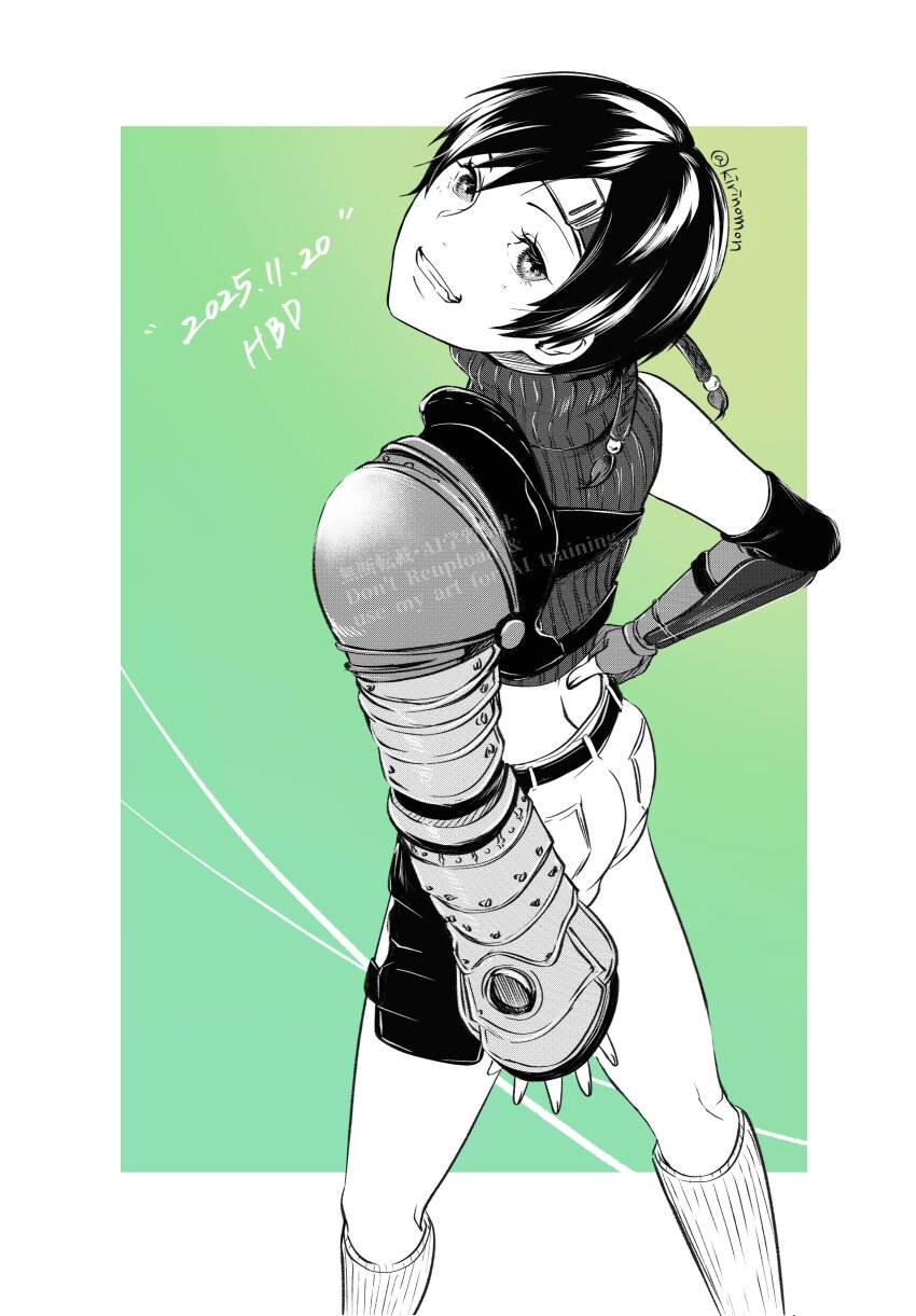 1girl absurdres belt birthday border commentary_request cropped_sweater dated elbow_gloves feet_out_of_frame final_fantasy final_fantasy_vii final_fantasy_vii_rebirth final_fantasy_vii_remake fingerless_gloves from_behind from_side gloves gradient_background green_background grin hand_on_own_hip happy_birthday headband highres kirinomon looking_at_viewer outside_border ribbed_socks ribbed_sweater short_hair shorts single_shoulder_pad sleeveless sleeveless_turtleneck smile socks solo sweater turtleneck turtleneck_sweater white_border yuffie_kisaragi