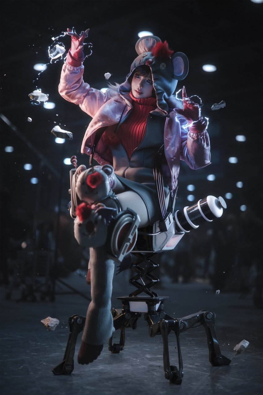 1girl apex_legends asian black_hair blue_eyes boots commentary cosplay cosplay_photo di_guan english_commentary final_fantasy final_fantasy_vii final_fantasy_vii_rebirth final_fantasy_vii_remake fingerless_gloves floating fur-trimmed_jacket fur_trim gloves grey_hoodie grey_thighhighs highres hood hood_up hoodie jacket kupo_power_wattson looking_to_the_side moogle moogle_(cosplay) official_alternate_costume parted_lips photo_(medium) pink_jacket red_boots red_gloves red_sweater ribbed_sweater rock short_hair sitting solo sweater thighhighs wattson_(apex_legends)