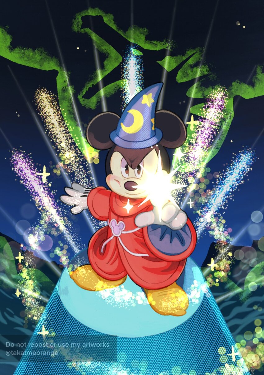 1boy animal_ears disney fantasia_(disney) gloves hat highres looking_at_viewer magic male_focus mickey_mouse mouse_boy mouse_ears solo tagme takatmaorange the_sorcerer&#039;s_apprentice wizard wizard_hat