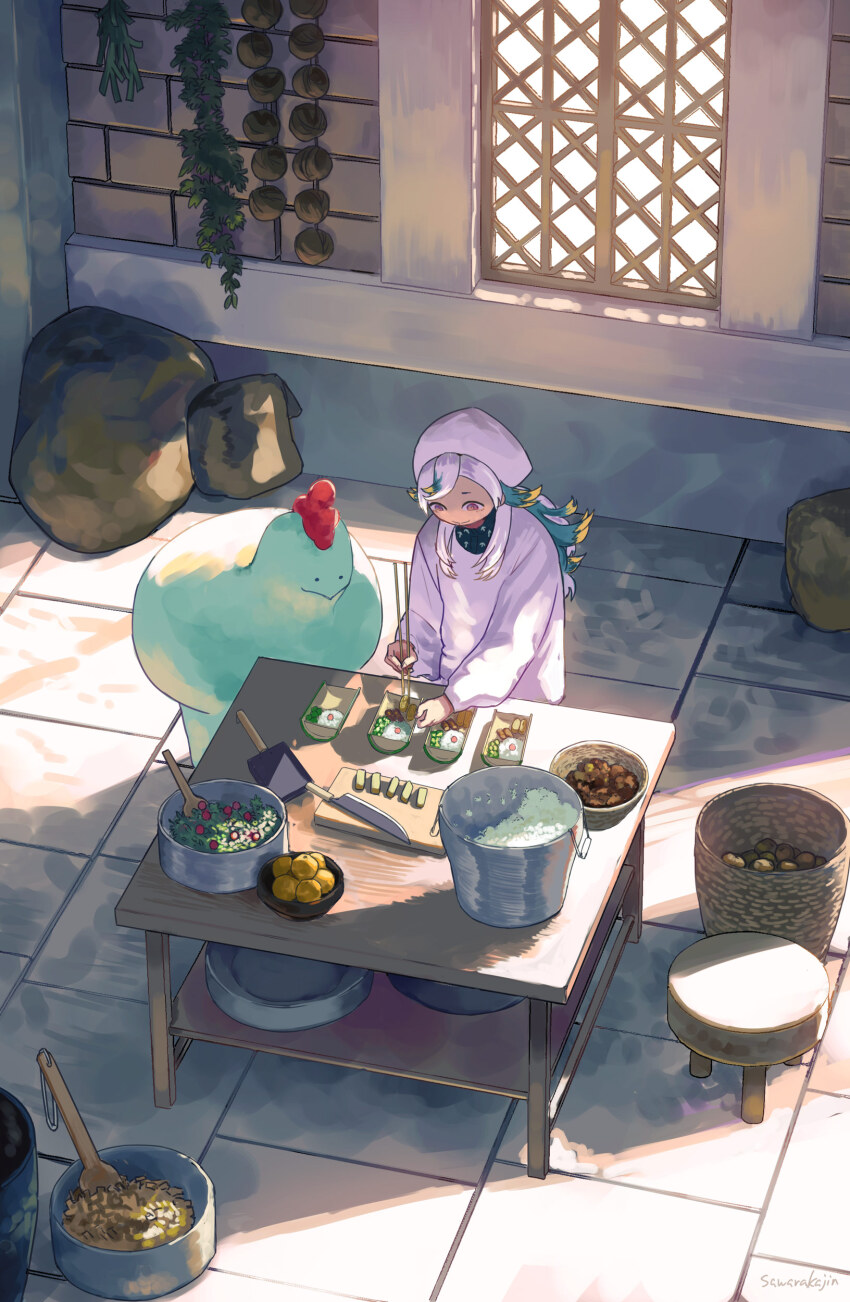 1girl absurdres aqua_hair bento blonde_hair bowl chopsticks cutting_board floor food from_above headscarf highres indoors jashin_no_bentouya-san knife long_hair multicolored_hair purple_eyes purple_hair rainy_(jashin_no_bentouya-san) rice salad sawarakajin signature smile solo spoon stool sunlight table wide_shot window