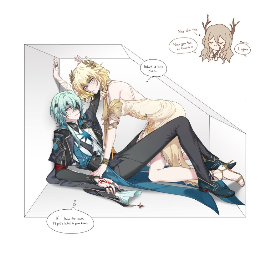 aglaea_(honkai:_star_rail) anaxa_(honkai:_star_rail) aqua_eyes aqua_hair bare_shoulders black_jacket black_pants blonde_hair calypso_(honkai:_star_rail) cramped dress encasement full_body green_eyes head_wreath highres honkai:_star_rail honkai_(series) jacket jqevbxncnkgsqq3 pants short_hair white_dress