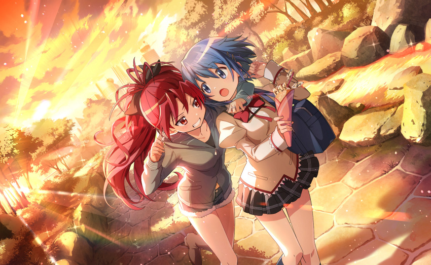 2girls arm_around_neck artist_request bag black_bow black_shirt black_skirt black_socks blue_bag blue_eyes blue_hair blue_shorts bow bowtie clenched_hand clothing_cutout cloud cobblestone collarbone collared_shirt crepe crop_top denim denim_shorts dot_nose feet_out_of_frame floating_clothes floating_hair food fur-trimmed_shorts fur_trim game_cg green_jacket grin hair_bow hair_ornament hairclip happy high_collar highres holding holding_crepe holding_food hood hood_down hooded_jacket jacket juliet_sleeves kneehighs knees lace lace-trimmed_shirt lace-trimmed_sleeves lace_trim light_particles long_hair long_sleeves looking_at_another looking_at_food mahou_shoujo_madoka_magica mahou_shoujo_madoka_magica_magia_exedra miki_sayaka miniskirt mitakihara_school_uniform multiple_girls official_art open_mouth outdoors park path plaid_clothes plaid_skirt pleated_skirt pocket ponytail puffy_sleeves red_bow red_bowtie red_eyes red_hair road rock sakura_kyoko school_bag school_uniform shirt short_hair short_shorts shorts skirt sky skyline smile socks sparkle stomach_cutout sunset surprised tareme tree tsurime v-shaped_eyebrows very_long_hair walking white_sleeve_cuffs wind yellow_shirt yellow_sky zipper_pull_tab