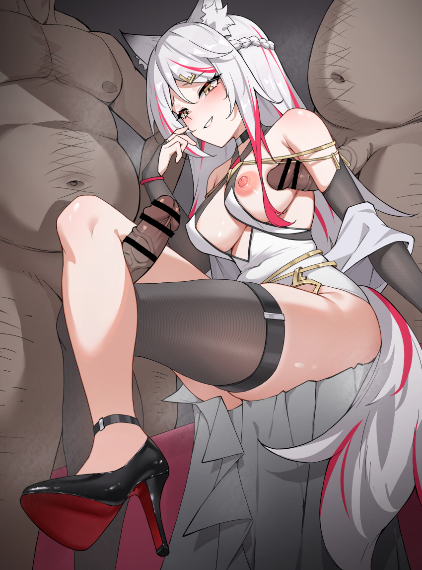 1girl 2boys absurdres animal_ear_fluff animal_ears arm_up armpit_sex bar_censor bare_shoulders black_gloves black_shoes breasts brown_thighhighs censored commentary_request covered_navel crossed_legs dark-skinned_male dark_skin dress elbow_gloves erection foot_out_of_frame fox_ears fox_girl fox_tail gloves hair_between_eyes high_heels highres hundun_no_bifang kneepit_sex large_breasts legs light_blush long_sidelocks looking_at_another multicolored_hair multicolored_shoes multiple_boys nipples open_mouth original penis red_hair red_shoes shoes sidelocks single_thighhigh sitting sleeveless sleeveless_dress smile tail thigh_sex thighhighs thighs two-tone_hair two-tone_shoes white_dress white_hair yellow_eyes