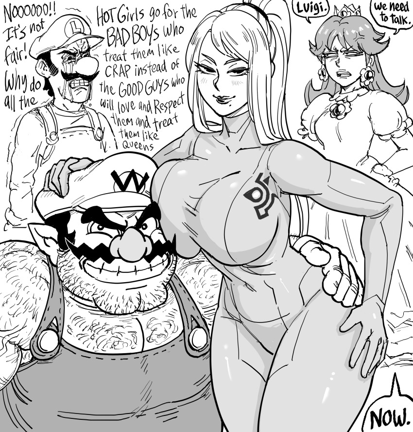 2boys 2girls absurdres anger_vein angry arm_around_waist arm_hair bb_(baalbuddy) bodysuit breasts chest_hair clenched_teeth closed_mouth commentary couple covered_navel crown crying crying_with_eyes_open dress english_commentary english_text envy eyelashes facial_hair greyscale grin hairy half-closed_eyes hand_on_another&#039;s_head hand_on_another&#039;s_hip hand_on_own_hip hat head_on_chest height_difference hetero high_ponytail highres huge_breasts lips long_hair long_sleeves looking_at_another looking_at_viewer luigi mario_(series) metroid mole mole_under_mouth monochrome multiple_boys multiple_girls mustache nintendo no_shirt open_mouth overalls pectoral_cleavage pectorals pointy_ears ponytail princess_daisy samus_aran shirt short_hair short_sleeves smile streaming_tears stubble super_smash_bros. tears teeth turtleneck turtleneck_bodysuit v-shaped_eyebrows wario wario_land wojak zero_suit