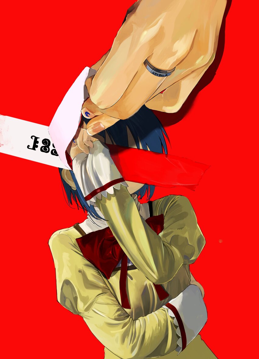 1girl absurdres blue_hair bow dual_persona fingernails hand_focus hand_up highres jewelry juliet_sleeves long_sleeves mahou_shoujo_madoka_magica mihifu miki_sayaka mitakihara_school_uniform peeling puffy_sleeves red_background red_bow ring school_uniform shirt short_hair surreal symbolism yellow_shirt
