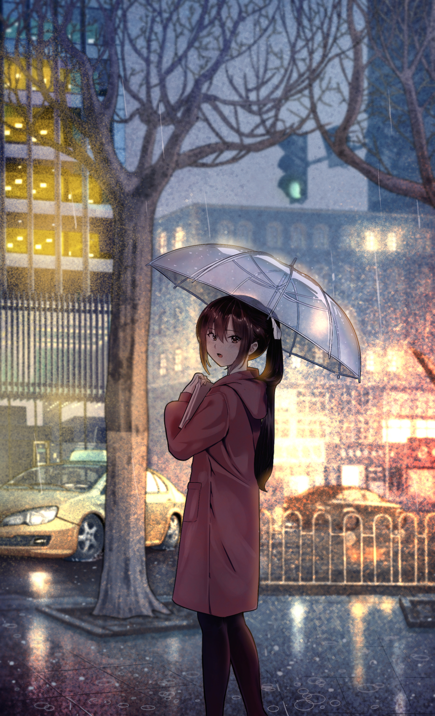 1girl absurdres bare_tree black_pantyhose book brown_eyes brown_hair building car coat from_side highres holding holding_book holding_umbrella hugging_book hugging_object long_hair motor_vehicle original outdoors pantyhose ponytail rain red_coat scenery school_uniform solo standing taxi traffic traffic_light transparent transparent_umbrella tree umbrella yellow_car yewang19