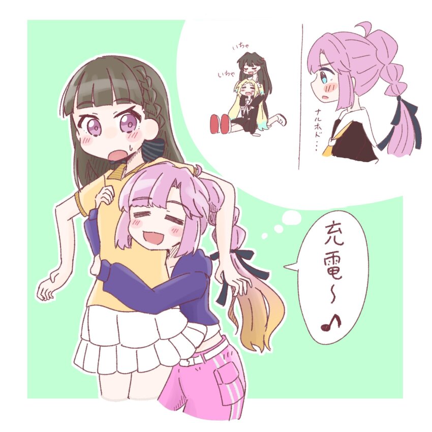 4girls :o =_= amado_(amaddo_club) anyoji_hime anyoji_hime_(summer_training_wear) black_ribbon blonde_hair blue_eyes blue_hair blunt_bangs blush_stickers border braid brown_dress brown_hair closed_eyes collared_shirt commentary_request cropped_jacket cropped_legs dress eighth_note flower frilled_skirt frills fujishima_megumi gradient_hair green_background hair_flower hair_ornament hair_ribbon hasu_no_sora_school_uniform highres hug hug_from_behind jacket kachimachi_kosuzu kachimachi_kosuzu_(summer_training_wear) light_blue_hair link!_like!_love_live! long_hair long_sleeves looking_at_another love_live! medium_dress midriff miniskirt mira-cra_park! multicolored_hair multiple_girls musical_note neckerchief open_mouth orange_hair osawa_rurino pants parted_bangs pink_eyes pink_hair pink_pants pleated_dress polo_shirt ponytail purple_jacket remembering ribbon sailor_collar sailor_dress school_uniform shirt side_braids sidelocks skirt smile spoken_musical_note straight_hair sweatdrop swept_bangs translated twintails two_side_up u_u very_long_hair virtual_youtuber white_border white_flower white_sailor_collar white_shirt white_skirt winter_uniform yellow_shirt yuri