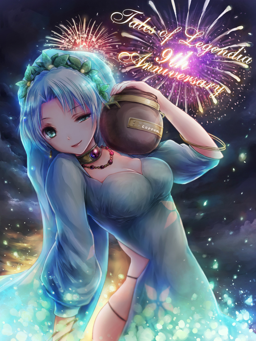 1girl aqua_eyes blue_hair bracelet braid breasts choker cleavage dress grune_(tales) highres jewelry koron_(tkhsrui) lips necklace open_mouth short_hair tales_of_(series) tales_of_legendia veil
