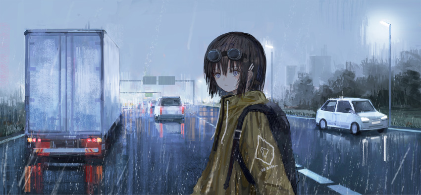 1girl backpack bag black_bag brown_hair car closed_mouth coat commentary_request drawstring goggles goggles_on_head grass hair_ornament hairclip highres highway lamppost lanreta long_sleeves looking_at_viewer motor_vehicle original outdoors parallel_hairclips purple_eyes rain road_sign scenery semi_truck short_hair sign solo traffic tree truck upper_body yellow_coat