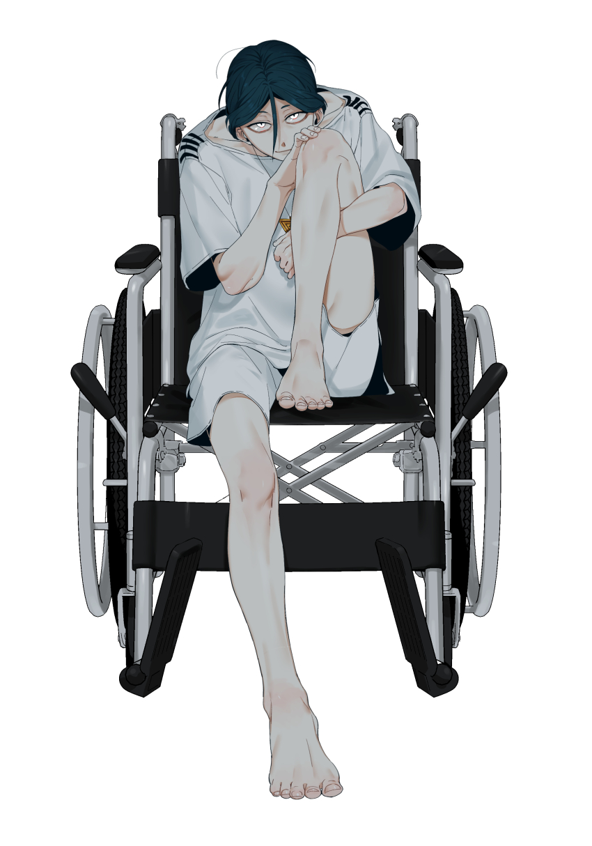 1boy absurdres barefoot closed_mouth commentary_request full_body highres knee_up leg_up looking_at_viewer maelo male_focus meguriya_ayumu shirt short_hair short_sleeves shorts simple_background sitting smile solo toshi_densetsu_kaitai_center triangle_necklace wheelchair white_background white_shirt white_shorts