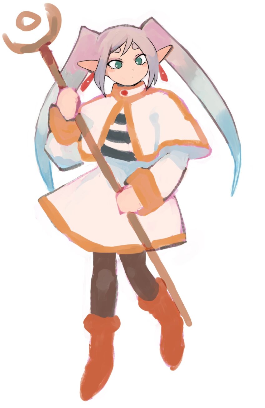 1girl aqua_eyes black_pantyhose boots capelet closed_mouth dot_mouth earrings elf frieren full_body gan2 grey_hair highres holding holding_staff jewelry long_hair long_sleeves mage_staff pantyhose pointy_ears red_boots simple_background solo sousou_no_frieren staff teardrop_earrings twintails white_background white_capelet yellow_trim