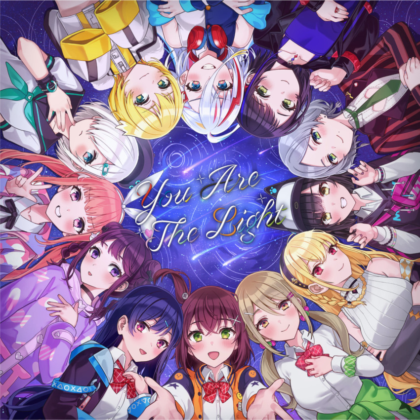 6+girls album_cover animal_ears animal_hat aqua_neckerchief beret black_hair black_hairband black_jacket black_ribbon black_sailor_collar blonde_hair blue_eyes blue_hair blush bow bowtie bracelet braid breasts brown_hair candy_print cat_hat clothes_around_waist collared_shirt cover denonbu double_bun fake_animal_ears fanny_pack food_print green_eyes green_scrunchie grey_hair haijima_ginka hair_between_eyes hair_bow hair_bun hair_ornament hair_over_one_eye hairband hairclip hand_on_own_chest hat headphones headphones_around_neck hidaka_reina_(denonbu) highres hood hoodie houou_karin inubousaki_shian jacket jacket_around_waist jewelry kayano_futaba kurogane_tama large_breasts long_hair long_sleeves looking_at_viewer low_twintails lying minakami_hina multicolored_hair multiple_girls neck_ribbon neckerchief official_art on_back open_clothes open_jacket open_mouth orange_jacket pill_print pink_eyes pink_hair pink_jacket plaid_bow plaid_bowtie plaid_clothes purple_eyes purple_hair purple_hoodie rangu reaching reaching_towards_viewer red_bow red_bowtie red_eyes red_hair ribbon sailor_collar sakurano_mimito school_uniform scrunchie second-party_source seto_mitsuki shinonome_kazune shirokane_aki shirt short_hair side_braid side_ponytail sleeveless sleeves_past_fingers sleeves_past_wrists smile song_name streaked_hair taiga_lucia twin_braids twintails upper_body v white_hair white_hairband white_jacket white_shirt x_hair_ornament yellow_eyes