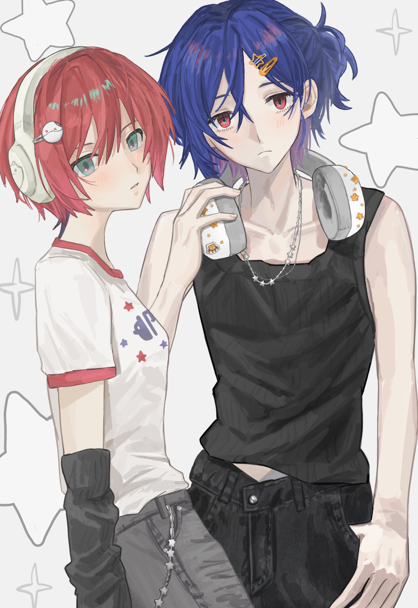 1boy 1girl absurdres amate_yuzuriha aqua_eyes arm_warmers blue_hair blush character_hair_ornament colored_inner_hair commentary_request denim gundam gundam_gquuuuuux hair_ornament hairclip haro headphones headphones_around_neck highres jeans jewelry looking_at_viewer multicolored_hair necklace nnnyanrrr pants ponytail purple_hair red_eyes red_hair shirt short_hair short_sleeves shuji_ito sleeveless sparkle star_(symbol) tank_top two-tone_hair upper_body white_background