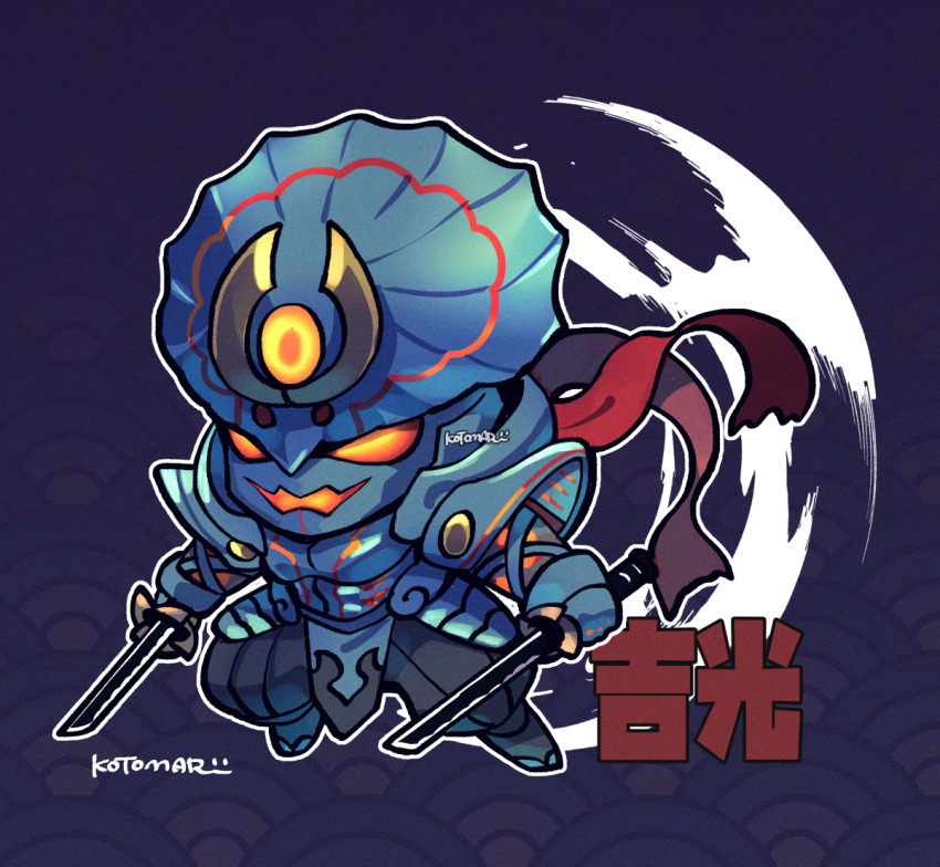 1boy armor chibi chibi_only dual_wielding full_armor full_body holding holding_sword holding_weapon kotorai looking_ahead male_focus multiple_swords open_mouth orange_eyes purple_background signature solo sword tekken tekken_8 weapon yoshimitsu_(namco)