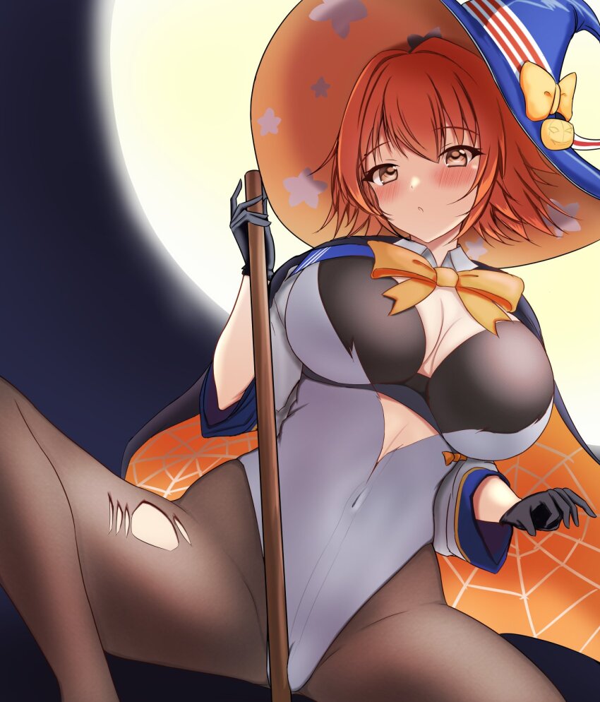 1girl black_cape black_gloves black_pantyhose blue_hat blush boots bow breasts broom broom_riding brown_eyes brown_hair cameltoe cape commentary full_moon gloves grey_leotard halloween_costume hat highleg highleg_leotard highres jack-o&#039;-lantern_print kantai_collection large_breasts leotard looking_at_viewer montemasa moon night orange_bow orange_cape pantyhose parted_lips richard_p._leary_(halloween)_(kancolle) richard_p._leary_(kancolle) richard_p._leary_kai_(kancolle) short_hair sleeved_leotard symbol-only_commentary thighs torn_clothes torn_pantyhose two-sided_fabric witch_hat