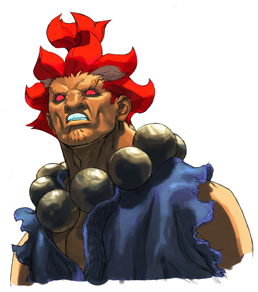 1boy akuma_(street_fighter) anger_vein beads clenched_teeth dark-skinned_male dark_skin dougi grimace highres ikeno_daigo male_focus muscular no_pupils official_art portrait prayer_beads red_eyes red_hair sleeveless solo street_fighter street_fighter_iii_(series) teeth topknot torn_clothes torn_sleeves