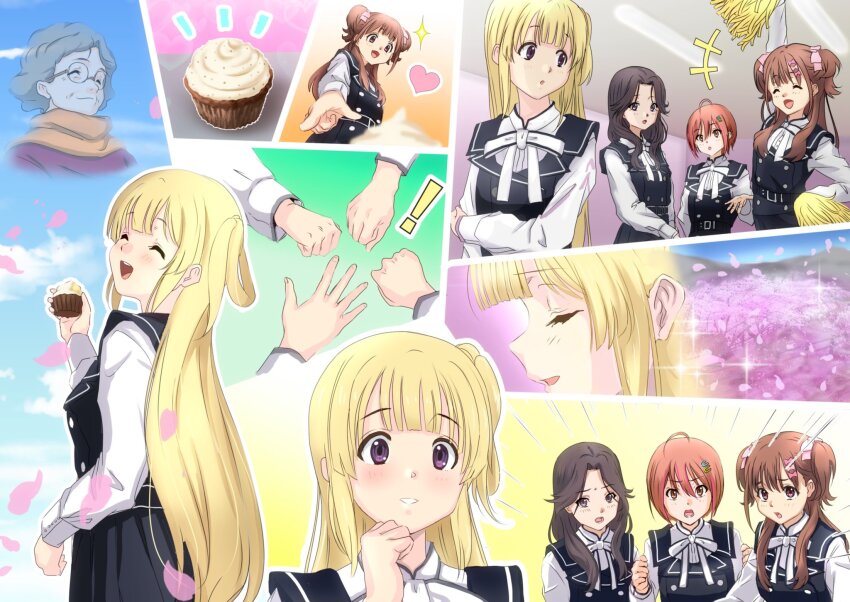 22/7 5girls ahoge blonde_hair brown_eyes brown_hair bxtbsy7q76gxh73 character_request cherry_blossoms dress fujima_sakura grey_hair hair_ornament highres himuro_mizuki long_hair looking_at_viewer multicolored_hair multiple_girls open_mouth orange_hair orihara_sumika pink_hair purple_eyes sera_honoka smile wavy_hair