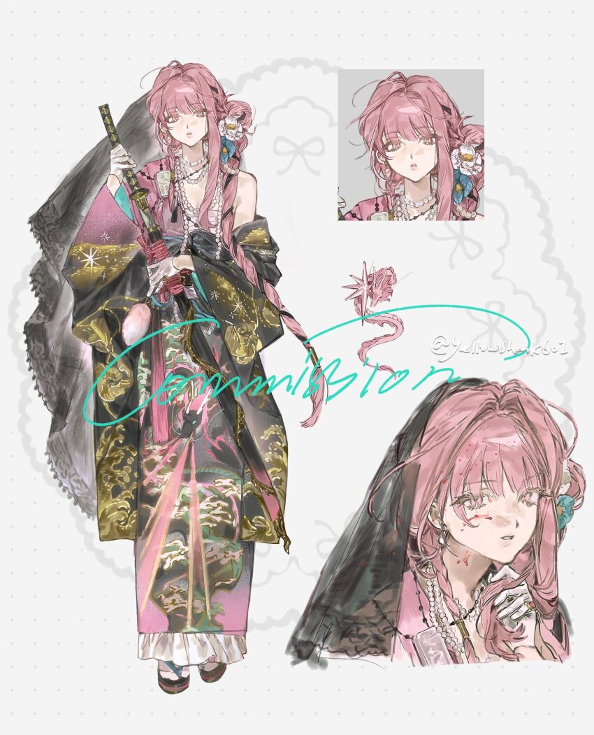 1girl black_hair black_kimono black_veil commission english_text full_body highres holding holding_sword holding_weapon japanese_clothes katana kimono long_hair multiple_views original parted_lips pink_hair solo sword teeth twitter_username veil very_long_hair weapon white_background yellowshark601